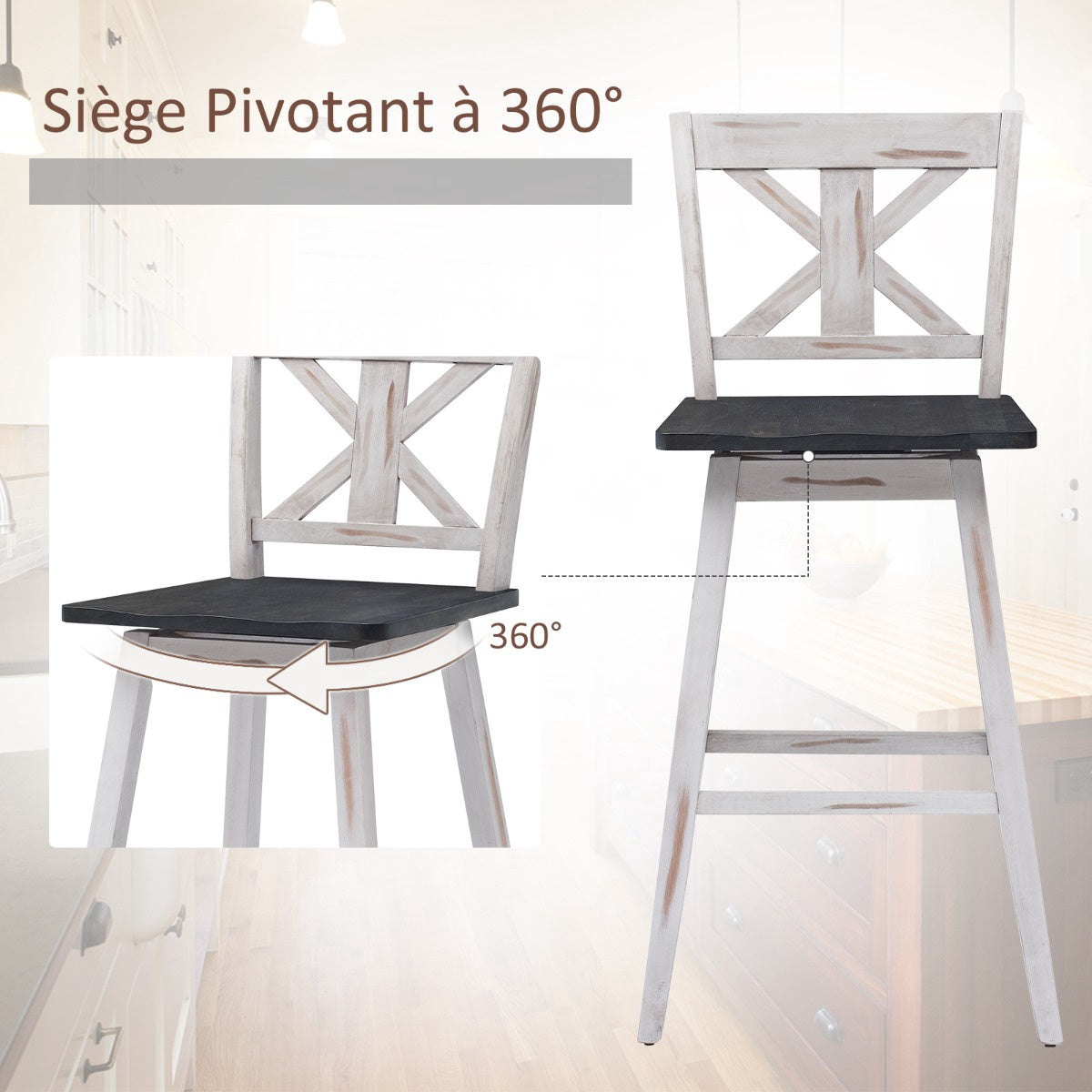 Bar Stools Set of 2, 360 Swivel, 29-Inch, White