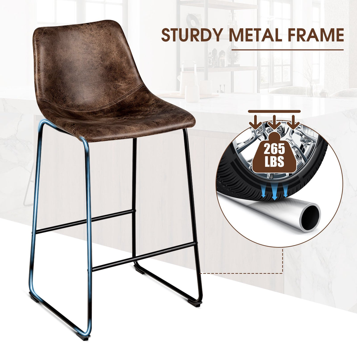 Bar Stools Set of 2, Faux Suede Upholstered, Metal Legs