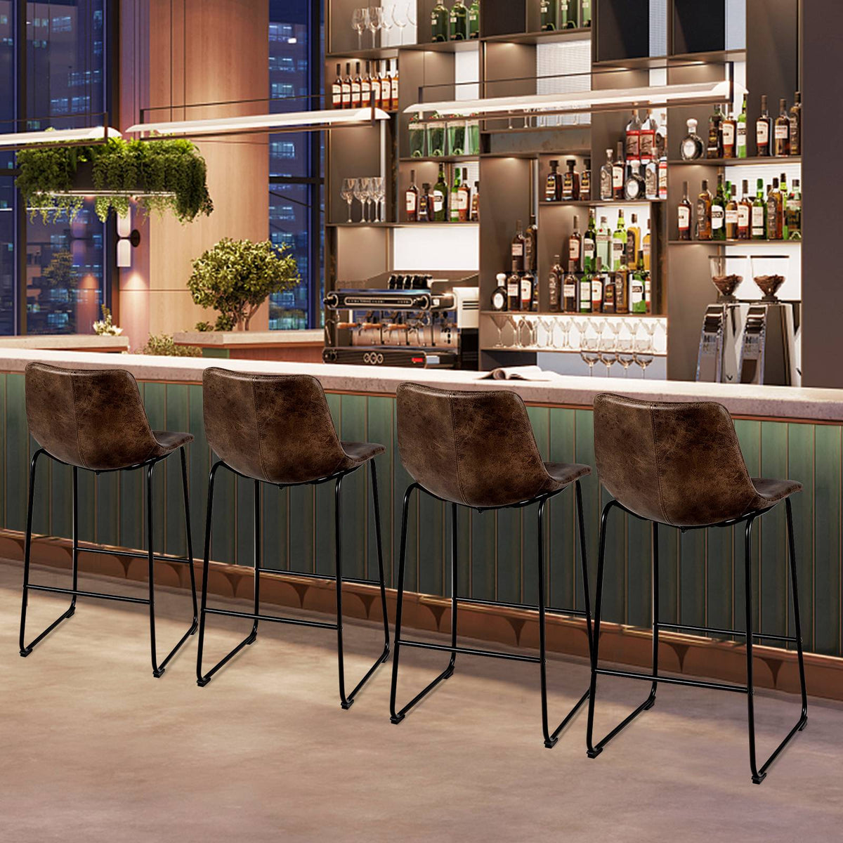 Bar Stools Set of 2, Faux Suede Upholstered, Metal Legs
