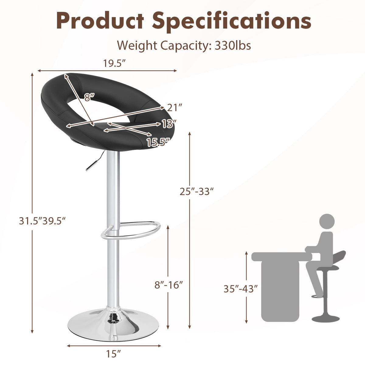 Bar Stools Set of 2, Height-Adjustable 360 Swivel