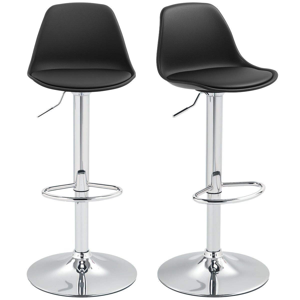 Bar Stools Set of 2, Padded Bar Chairs with Steel Frame, Backrest, Height-Adjustable Kitchen Chairs with Footrest, 360° Rotatable Counter Stool for Kitchen, Living Room, Dining Room, Faux Leather Black