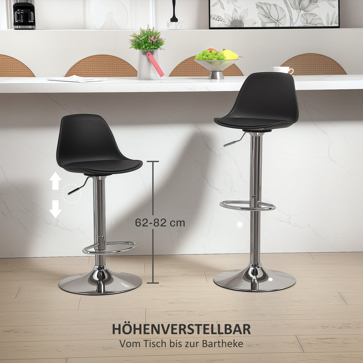 Bar Stools Set of 2, Padded Bar Chairs with Steel Frame, Backrest, Height-Adjustable Kitchen Chairs with Footrest, 360° Rotatable Counter Stool for Kitchen, Living Room, Dining Room, Faux Leather Black