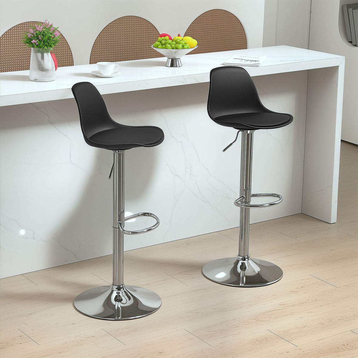 Bar Stools Set of 2, Padded Bar Chairs with Steel Frame, Backrest, Height-Adjustable Kitchen Chairs with Footrest, 360° Rotatable Counter Stool for Kitchen, Living Room, Dining Room, Faux Leather Black