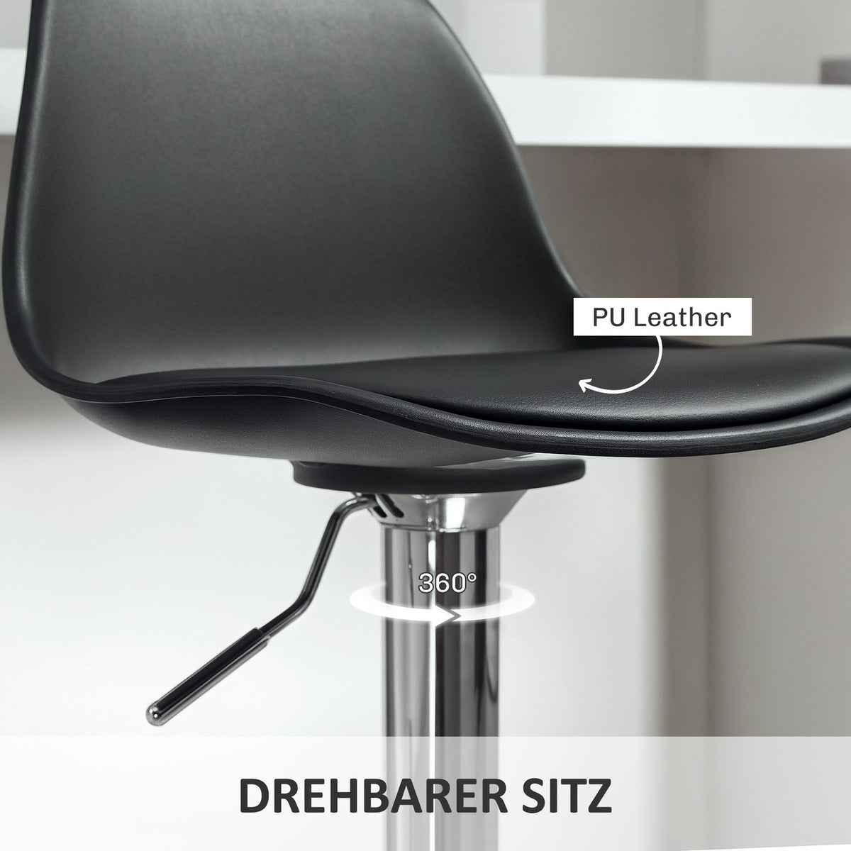 Bar Stools Set of 2, Padded Bar Chairs with Steel Frame, Backrest, Height-Adjustable Kitchen Chairs with Footrest, 360° Rotatable Counter Stool for Kitchen, Living Room, Dining Room, Faux Leather Black