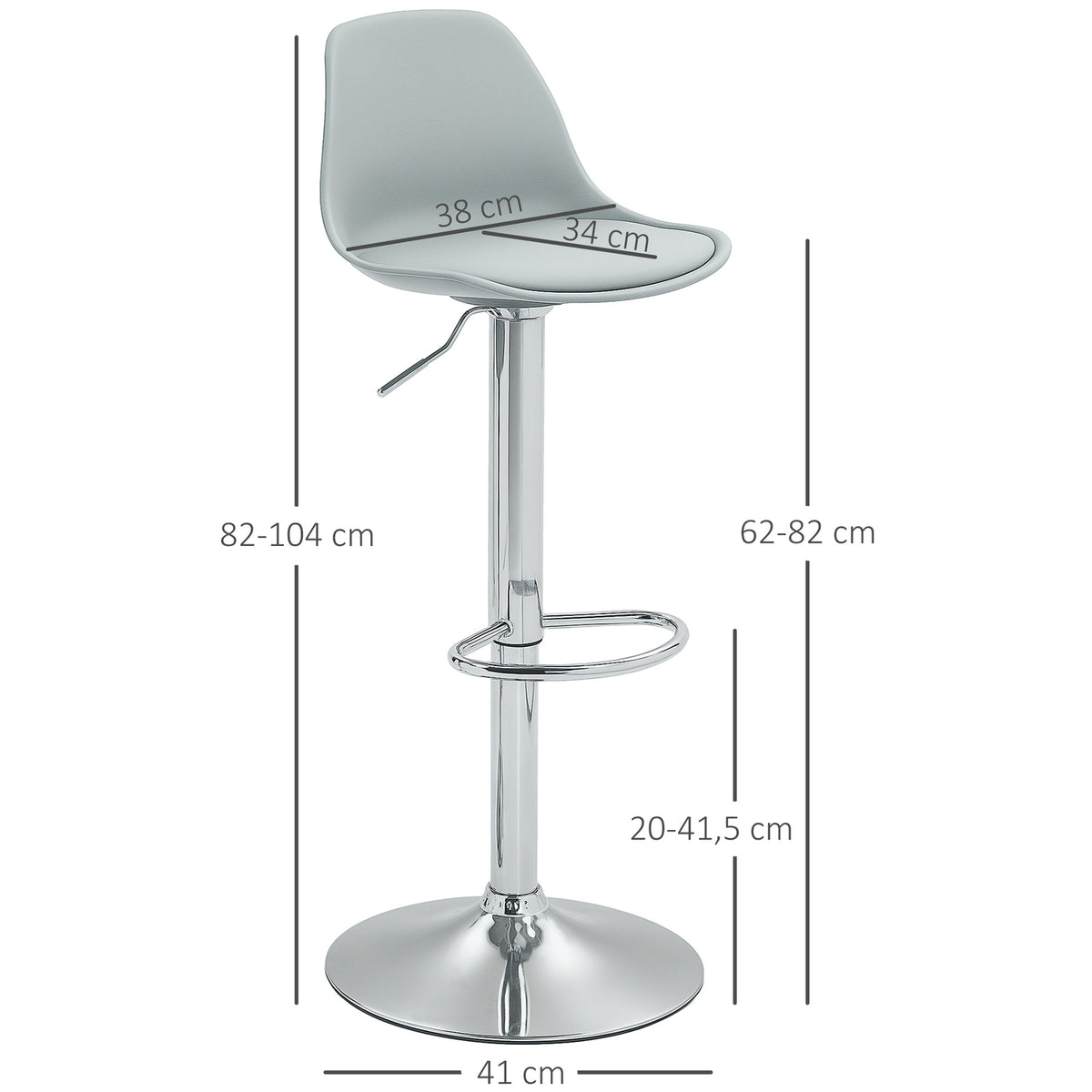Bar Stools Set of 2, Padded Bar Chairs with Steel Frame, Backrest, Height-Adjustable Kitchen Chairs with Footrest, 360° Rotatable Counter Stool for Kitchen, Living Room, Dining Room, Faux Leather Gray