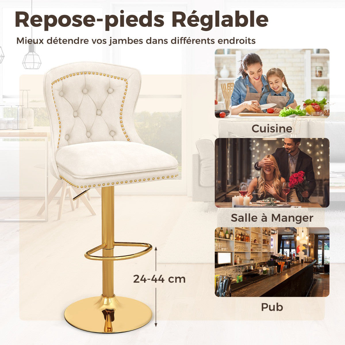 Bar Stools Set of 2, Swivel, Adjustable Height, Beige Velvet