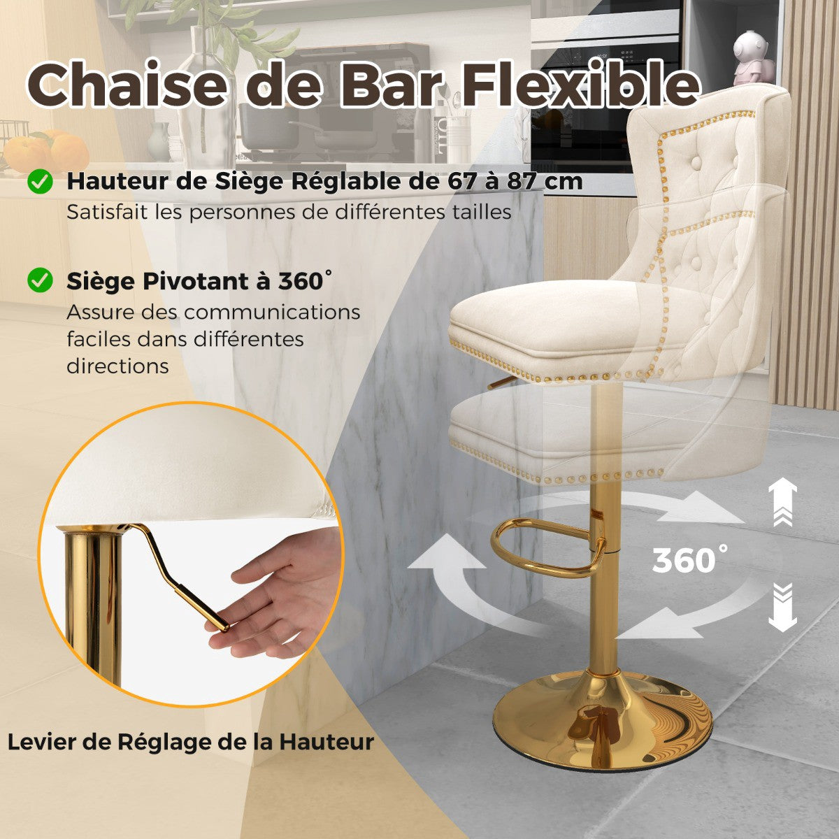 Bar Stools Set of 2, Swivel, Adjustable Height, Beige Velvet