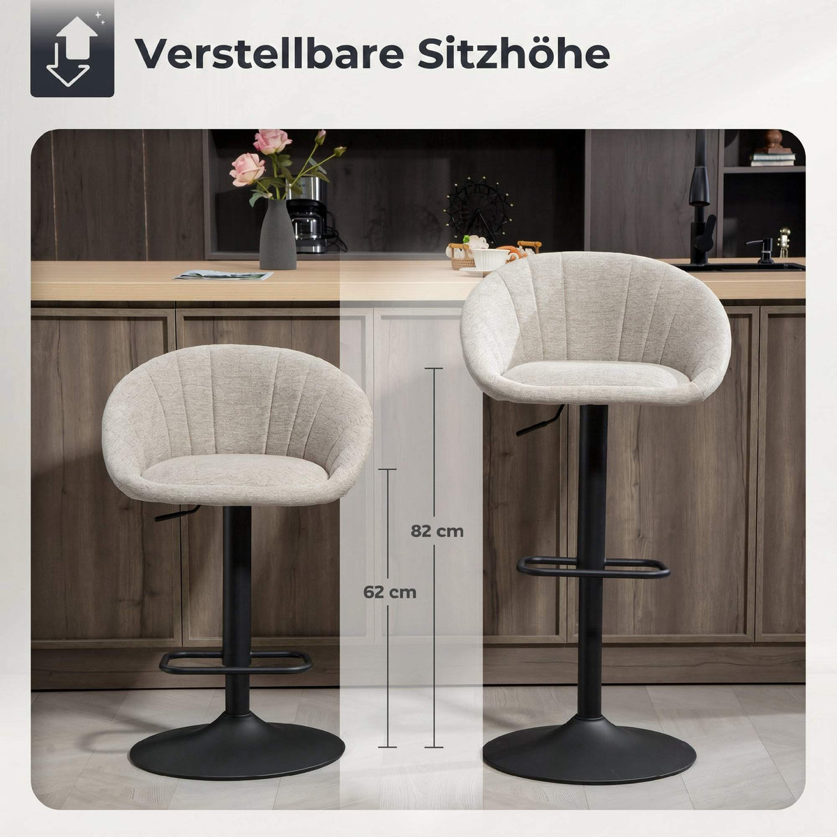 Bar Stools Set of 2, Swivel, Adjustable Height, With Armrests, Backrest
