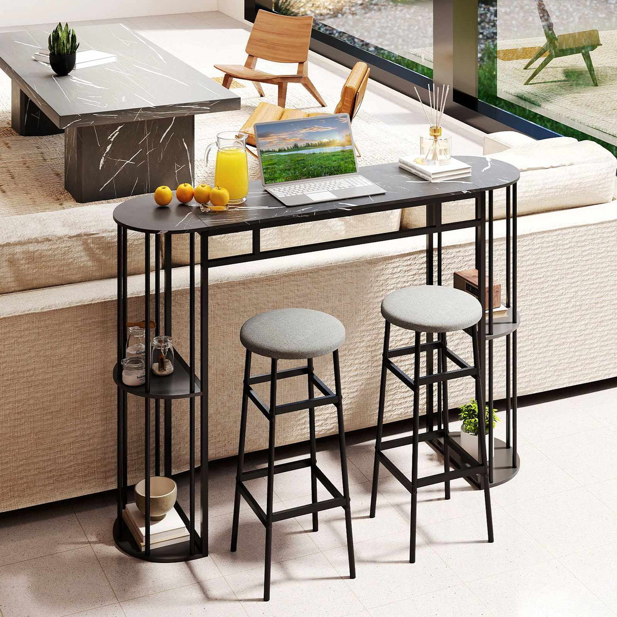 Bar Table 150cm Faux Marble, Black Metal Frame, Storage Shelves