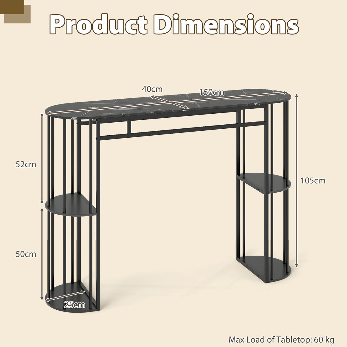Bar Table 150cm Faux Marble, Black Metal Frame, Storage Shelves