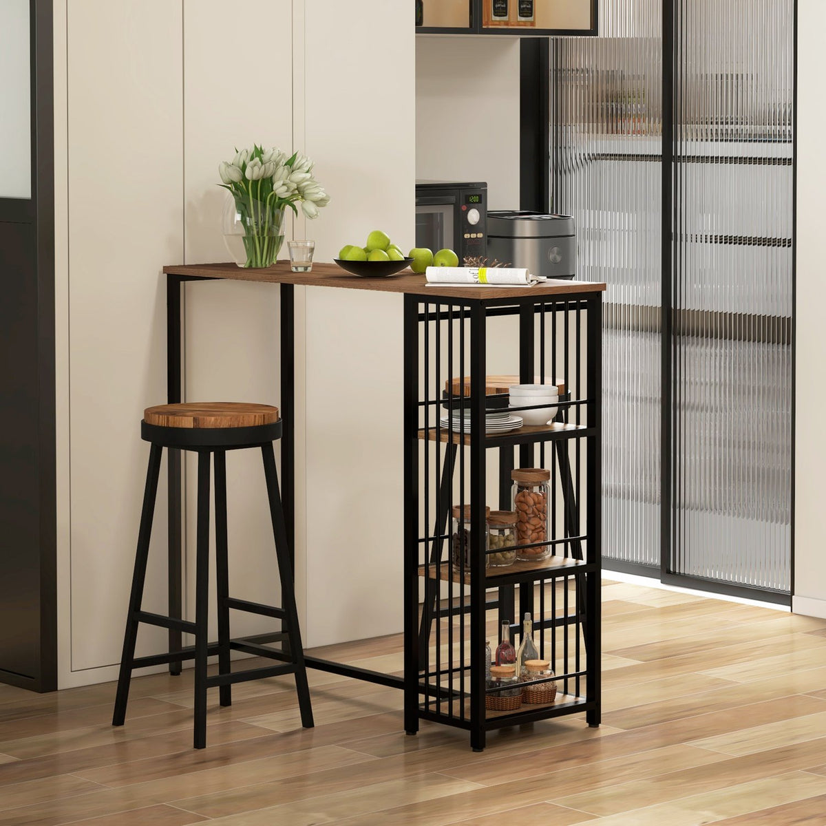 Bar Table, Bar Table, Counter Table With 3 Shelves, Bar Counter, Kitchen Table With Wood Look, Steel Frame, Brown, 120 X 40 X 105 Cm
