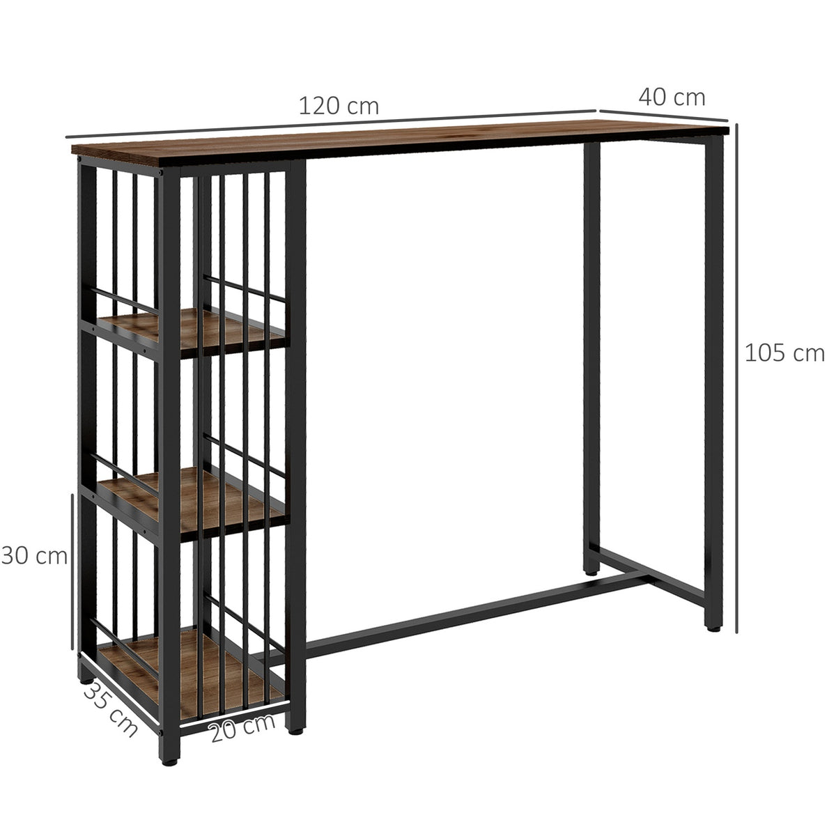 Bar Table, Bar Table, Counter Table With 3 Shelves, Bar Counter, Kitchen Table With Wood Look, Steel Frame, Brown, 120 X 40 X 105 Cm
