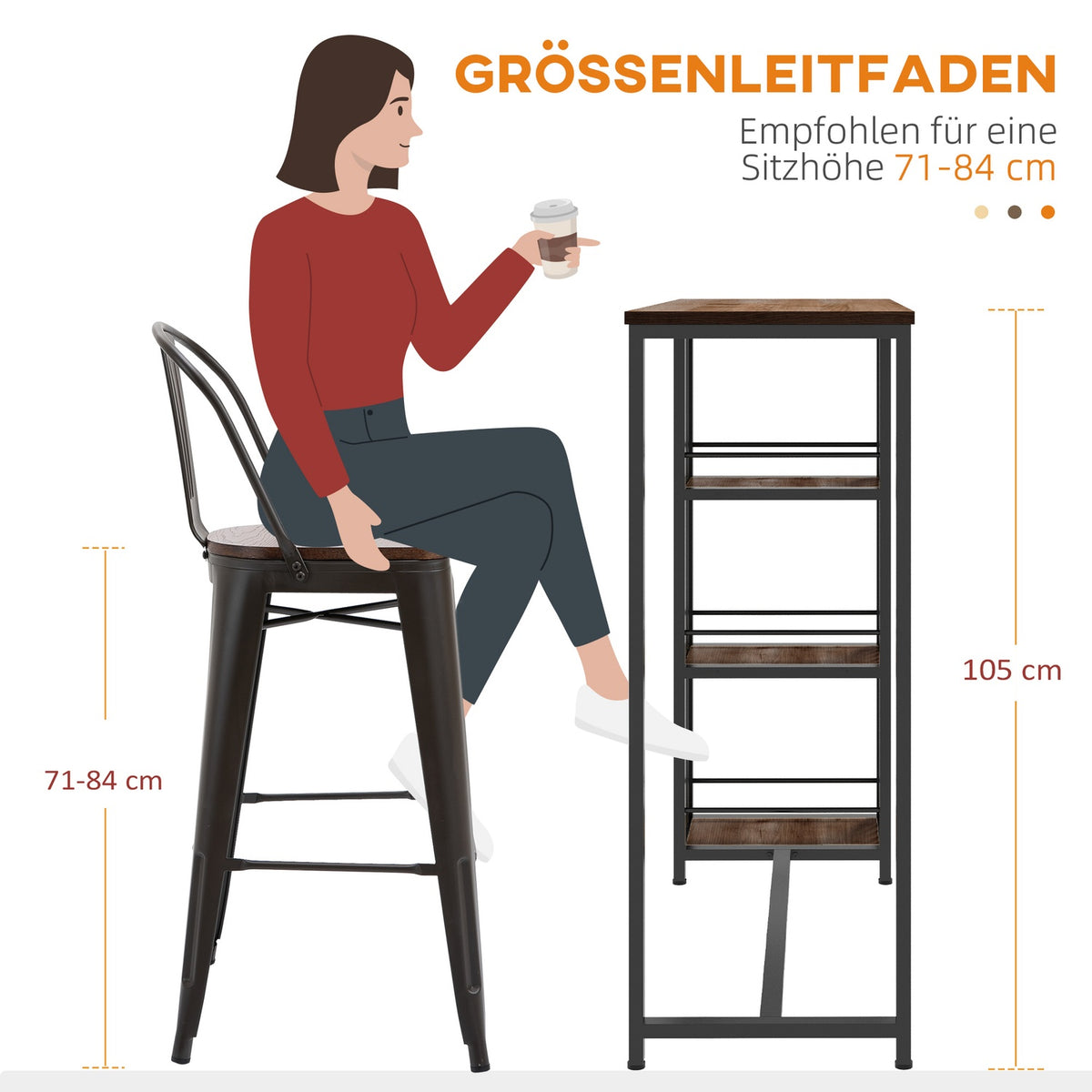 Bar Table, Bar Table, Counter Table With 3 Shelves, Bar Counter, Kitchen Table With Wood Look, Steel Frame, Brown, 120 X 40 X 105 Cm