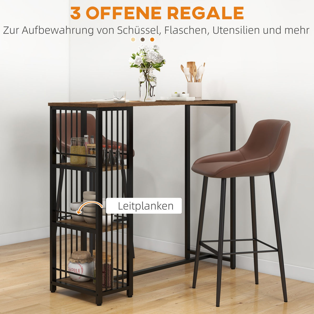 Bar Table, Bar Table, Counter Table With 3 Shelves, Bar Counter, Kitchen Table With Wood Look, Steel Frame, Brown, 120 X 40 X 105 Cm