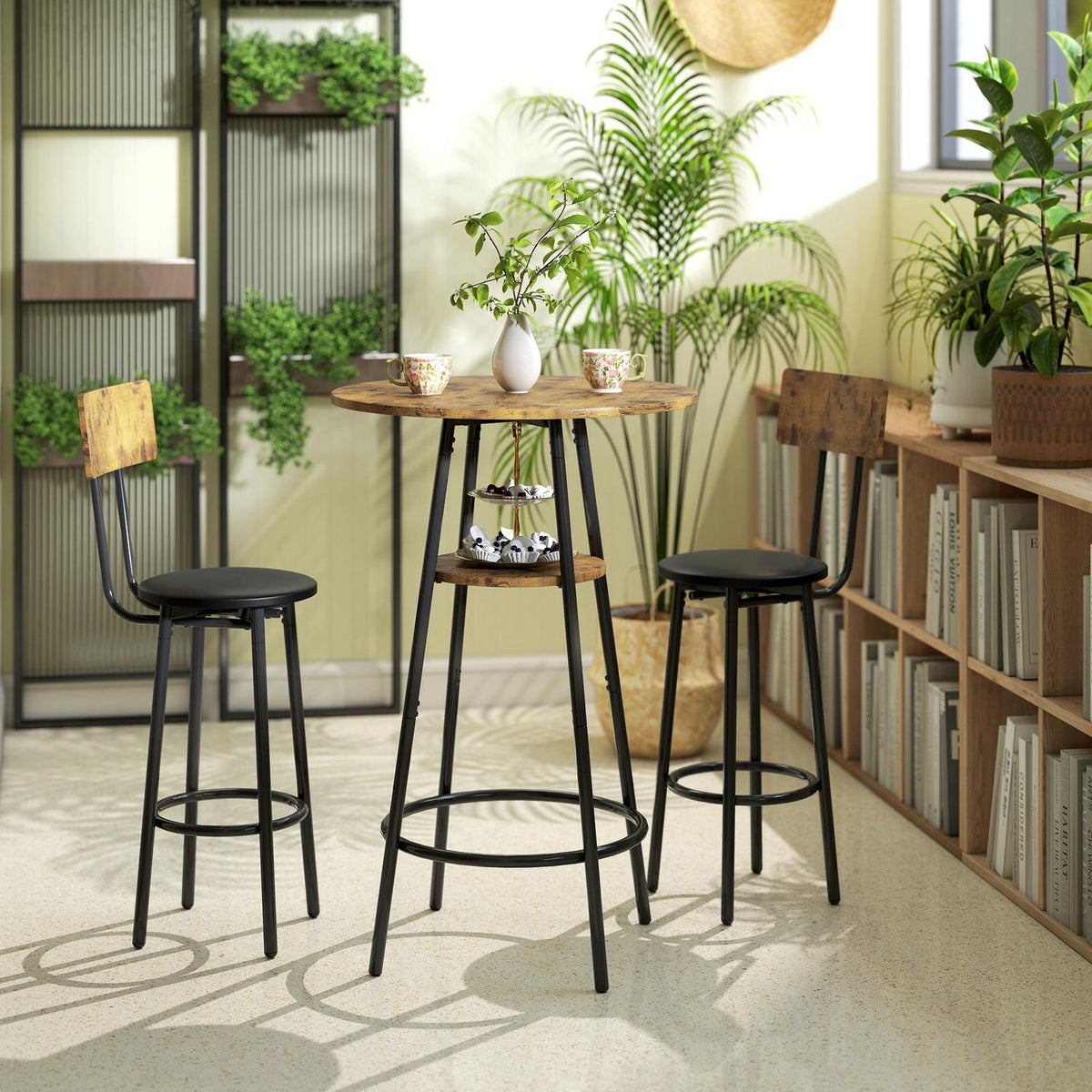 Bar Table Set, 3-Piece, Faux Leather, Brown