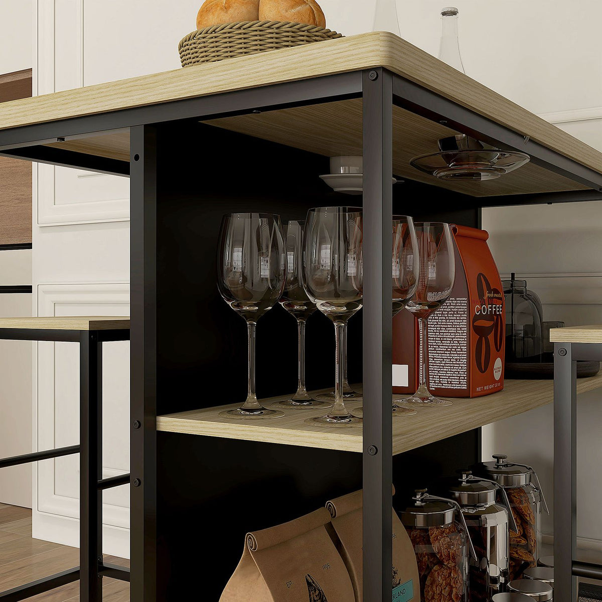 Bar Table Set 3 Pieces. Kitchen Table 2 Bar Stools 2 Shelves Dining Set Modern Steel Oak