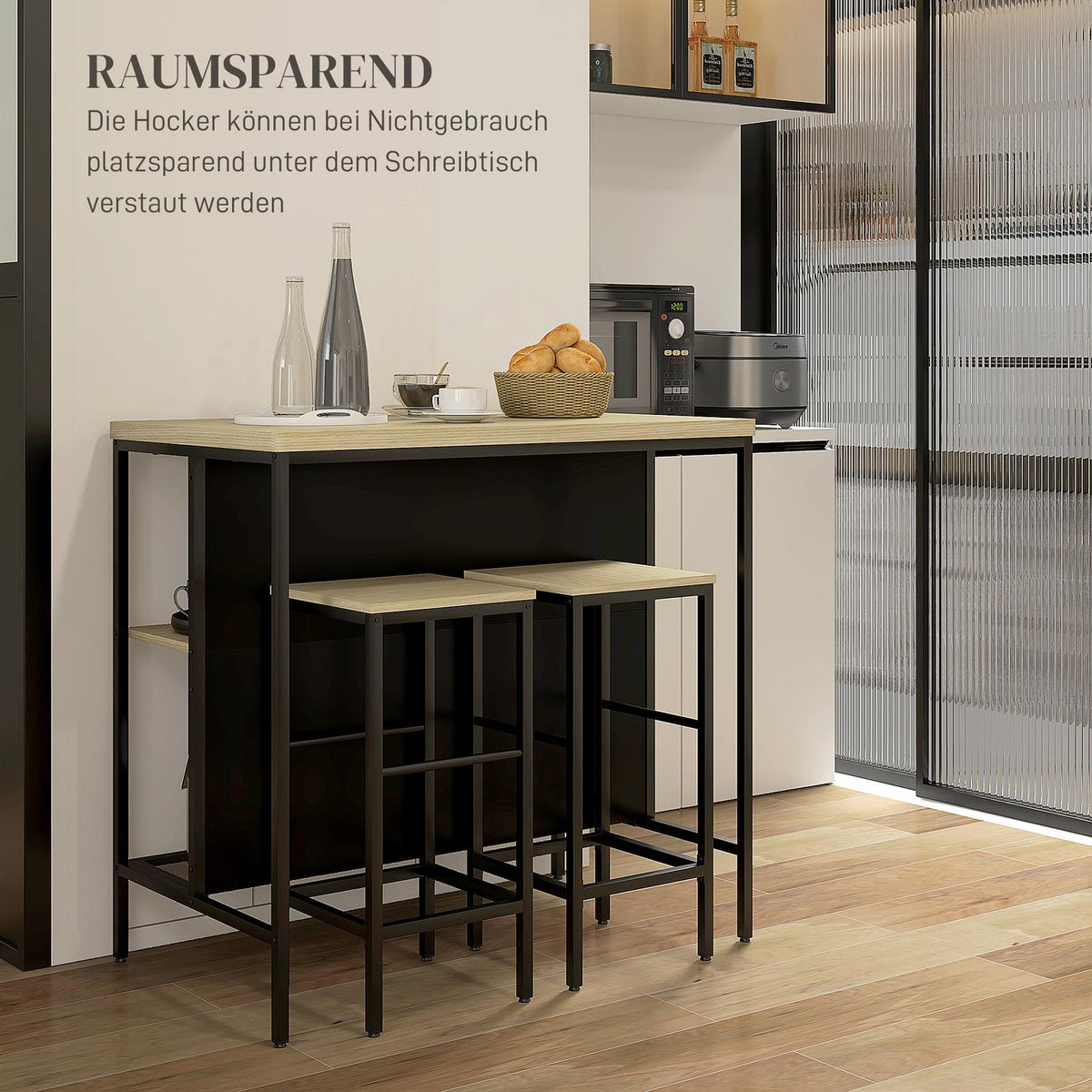 Bar Table Set 3 Pieces. Kitchen Table 2 Bar Stools 2 Shelves Dining Set Modern Steel Oak