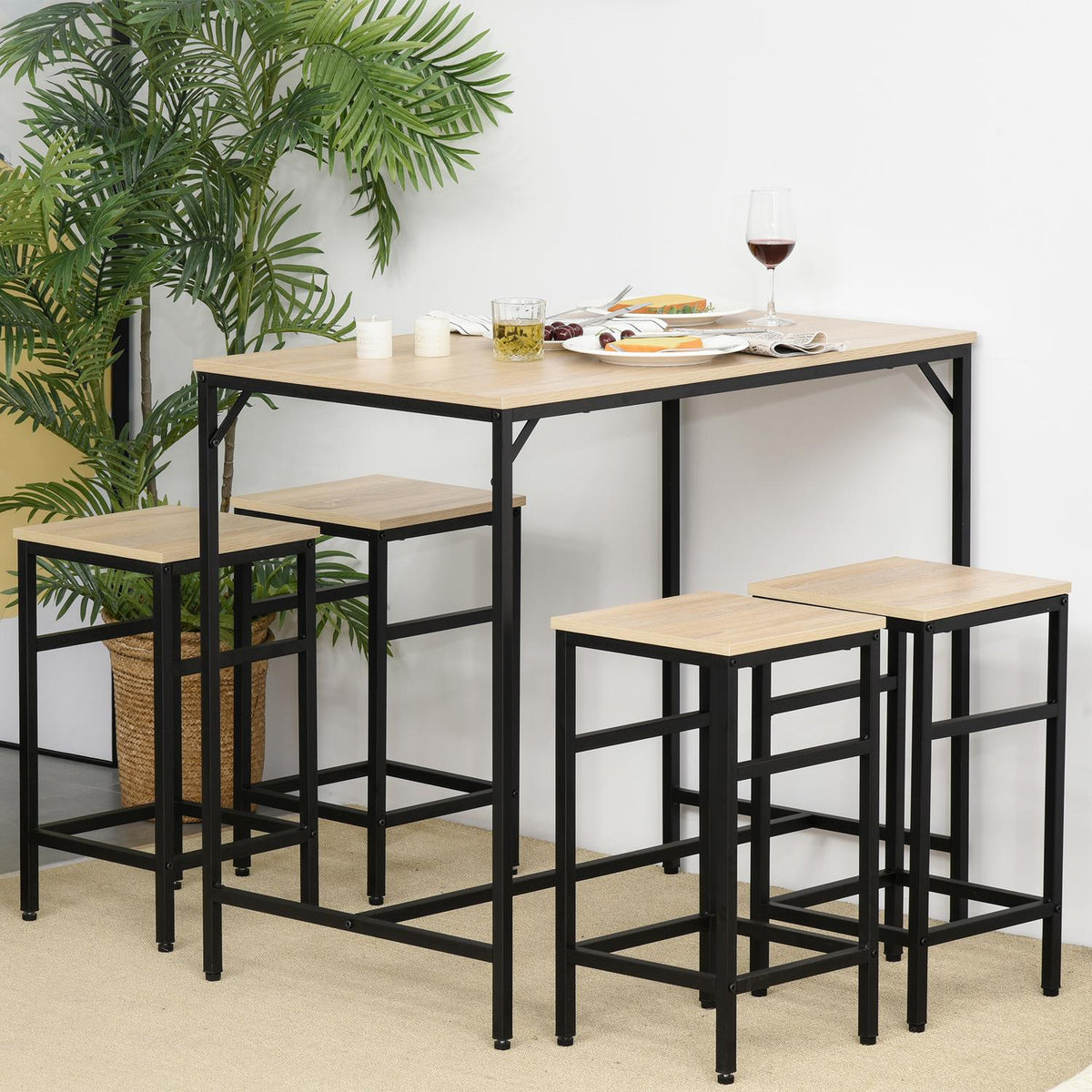 Bar Table Set 5-Piece Bar Table 4 Bar Stools Table Set Kitchen Counter Dining Room Steel Oak + Black 100X60X88Cm