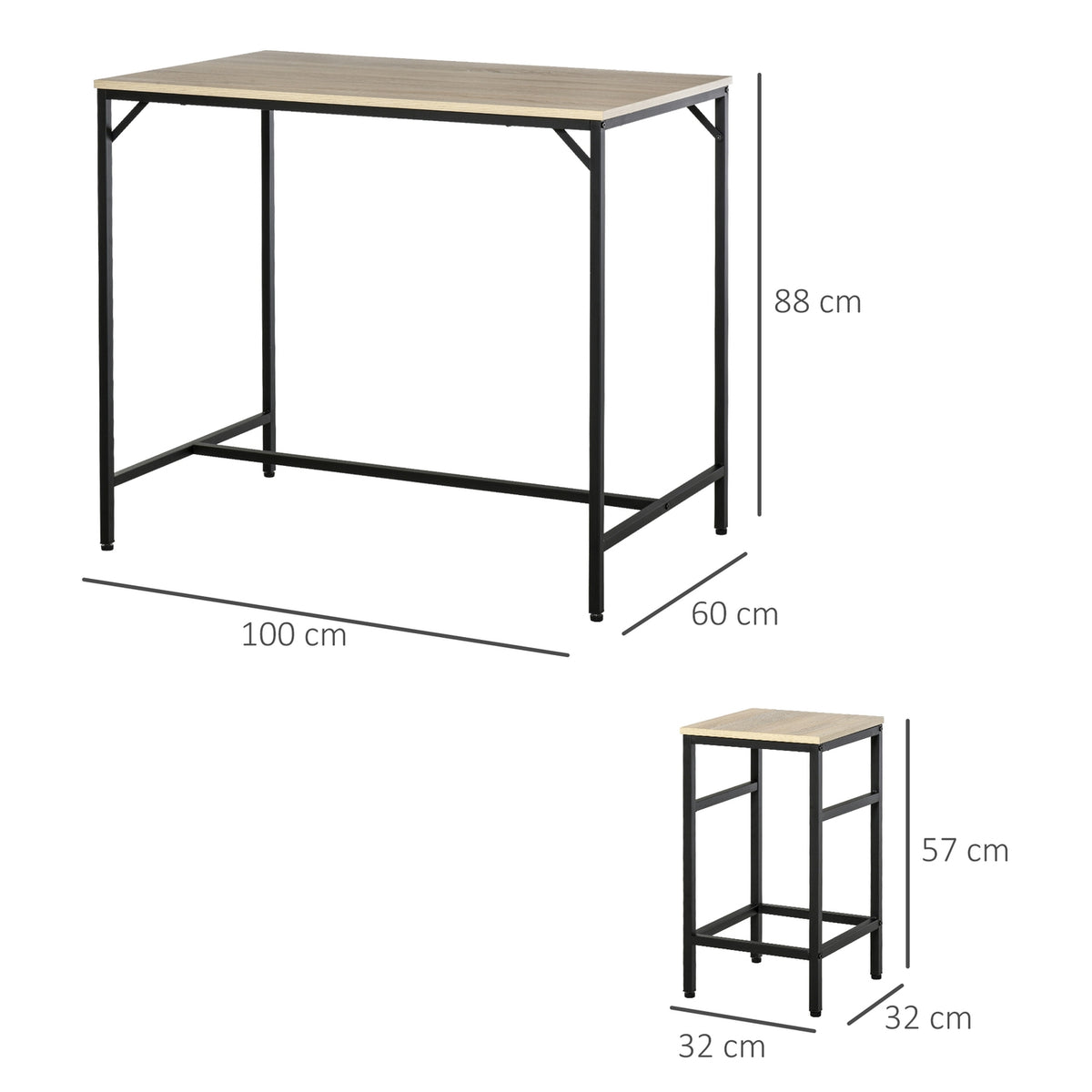 Bar Table Set 5-Piece Bar Table 4 Bar Stools Table Set Kitchen Counter Dining Room Steel Oak + Black 100X60X88Cm