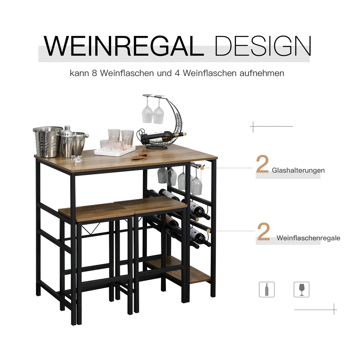 Bar Table Set, Bar Table With 2 Bar Stools, 3-Piece Kitchen Counter Table Set With Bottle Holder, Chipboard, Steel, Natural + Black