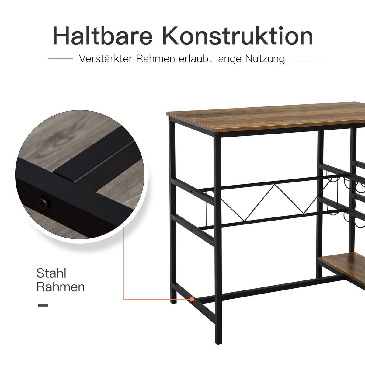 Bar Table Set, Bar Table With 2 Bar Stools, 3-Piece Kitchen Counter Table Set With Bottle Holder, Chipboard, Steel, Natural + Black