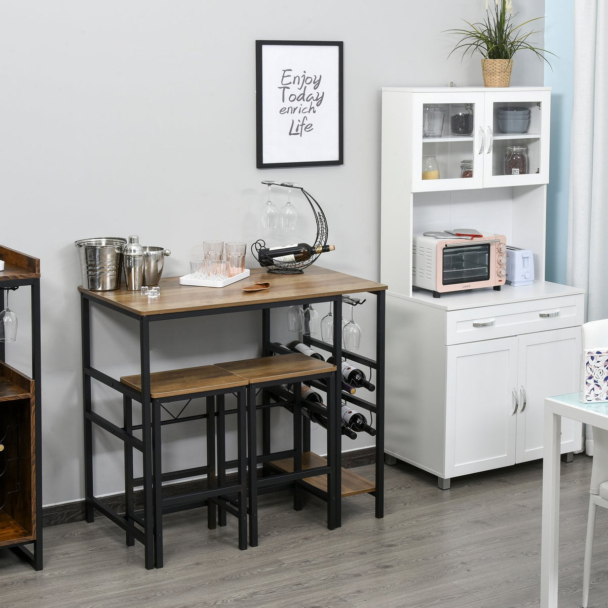 Bar Table Set, Bar Table With 2 Bar Stools, 3-Piece Kitchen Counter Table Set With Bottle Holder, Chipboard, Steel, Natural + Black