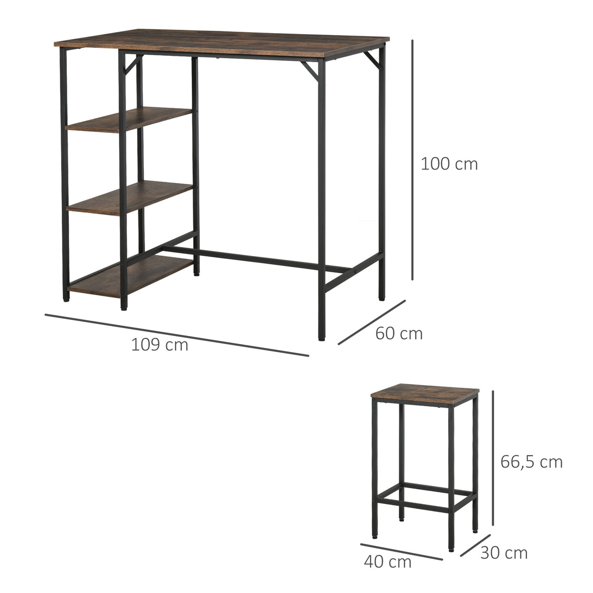 Bar Table Set, Bar Table With 2 Bar Stools, 3-Piece Table Set With Shelves, Chipboard/Steel, Rustic Brown/Black, 109X60X100Cm