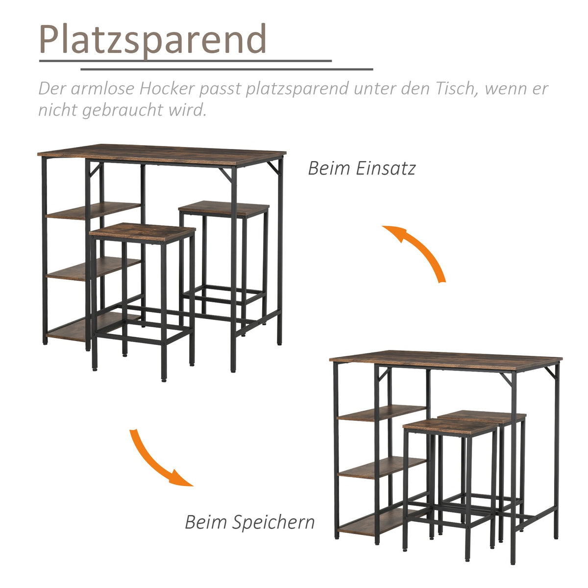 Bar Table Set, Bar Table With 2 Bar Stools, 3-Piece Table Set With Shelves, Chipboard/Steel, Rustic Brown/Black, 109X60X100Cm
