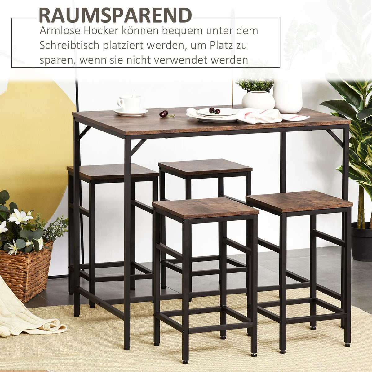 Bar Table Set, Bar Table With 4 Bar Stools, 5-Piece Table Set For Kitchen, Chipboard/Steel, Rustic Brown/Black, 100X60X88Cm