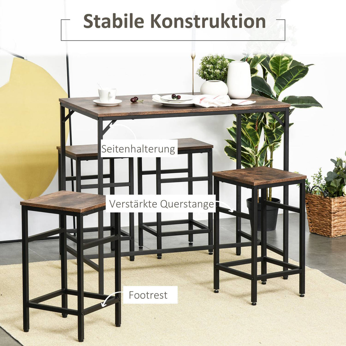Bar Table Set, Bar Table With 4 Bar Stools, 5-Piece Table Set For Kitchen, Chipboard/Steel, Rustic Brown/Black, 100X60X88Cm