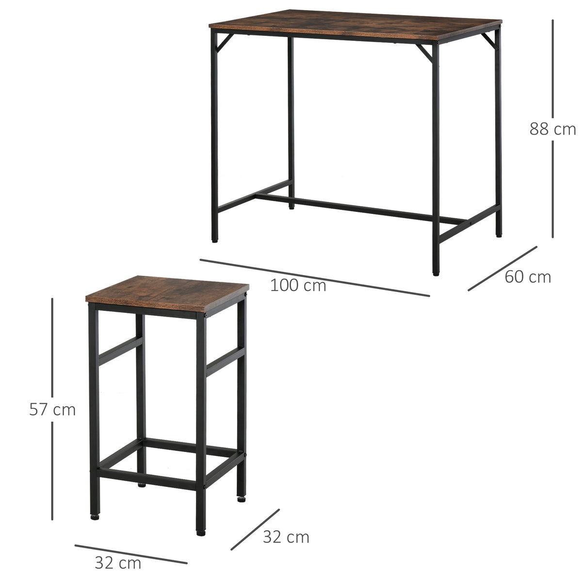 Bar Table Set, Bar Table With 4 Bar Stools, 5-Piece Table Set For Kitchen, Chipboard/Steel, Rustic Brown/Black, 100X60X88Cm