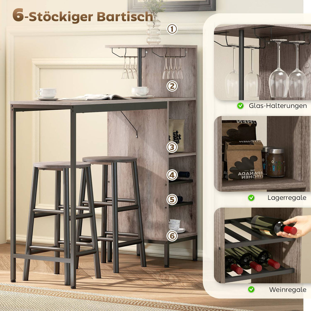 Bar Table Set, Storage, Wine Racks, Stools, Gray