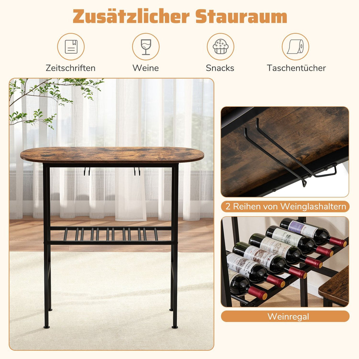 Bar Table Set for 2 with Wine Glass Holders and Rack