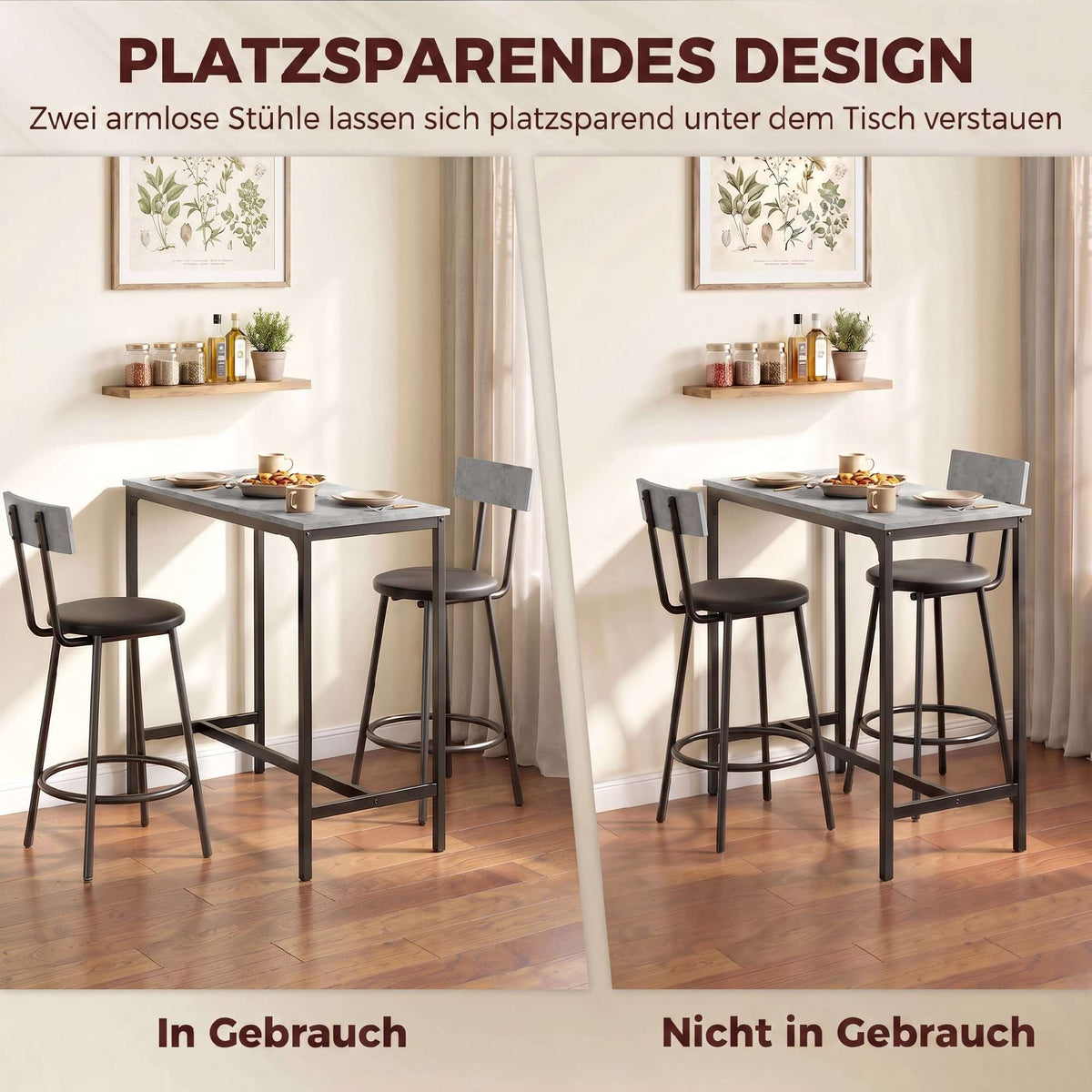Bar Table Set with 2 Grey PU Leather Stools, Space-Saving