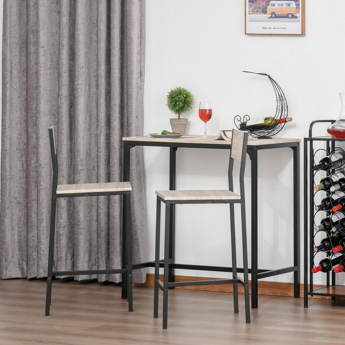 Bar Table With 2 Chairs 3-Piece Table Set, Bar Chair, Mdf, Natural, Black, 89X45X87Cm