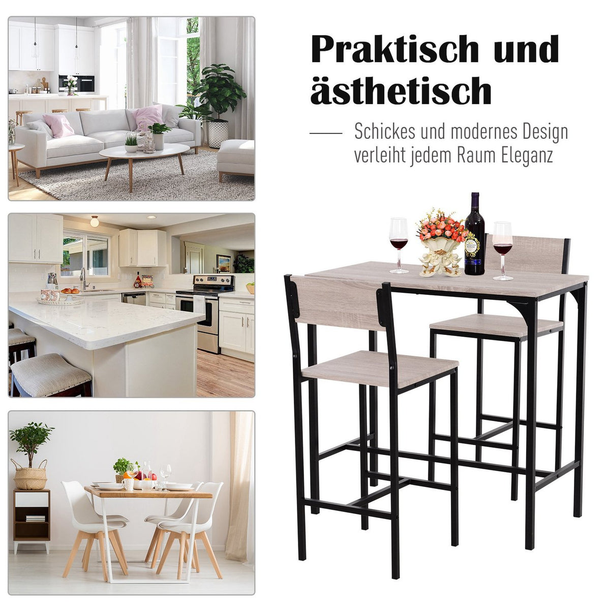 Bar Table With 2 Chairs 3-Piece Table Set, Bar Chair, Mdf, Natural, Black, 89X45X87Cm