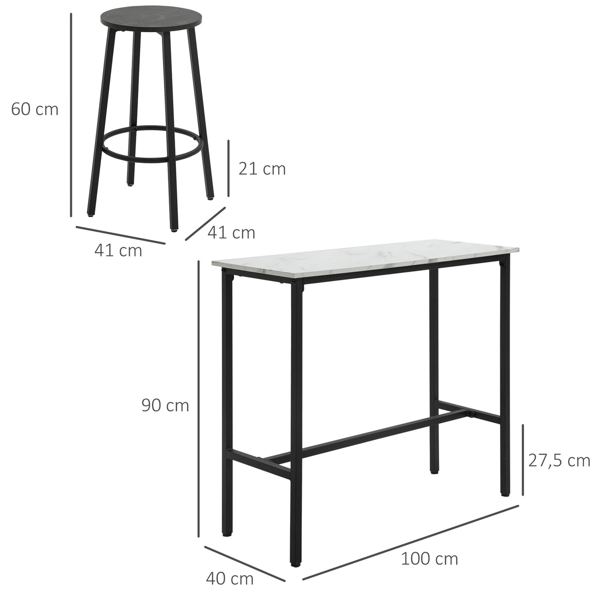 Bar Table With Bar Stool Set, 3-Piece Bar Table Set, Dining Table With 2 Bar Stools, Dining Group, Bar Table, Kitchen Table, Steel, White, Black