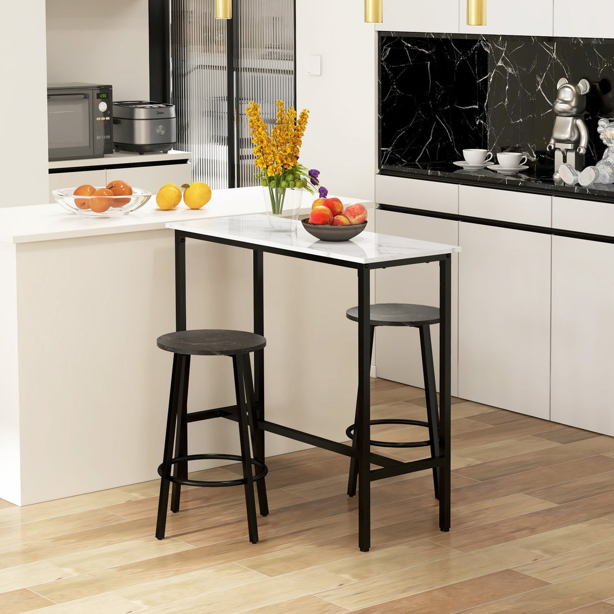 Bar Table With Bar Stool Set, 3-Piece Bar Table Set, Dining Table With 2 Bar Stools, Dining Group, Bar Table, Kitchen Table, Steel, White, Black