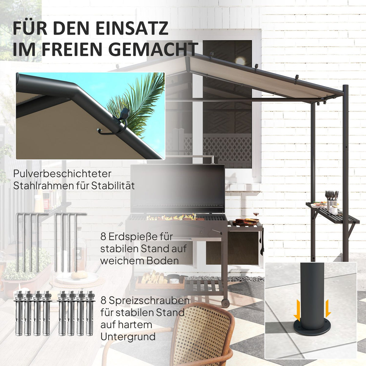 Barbecue Gazebo 277 x 149 x 230 cm Waterproof Flame Retardant Garden Gazebo with Side Shelves, Garden Gazebo with UV Protection, BBQ Pavilion Made of Steel, Garden Tent Grill Tent for Party BBQ, Khaki