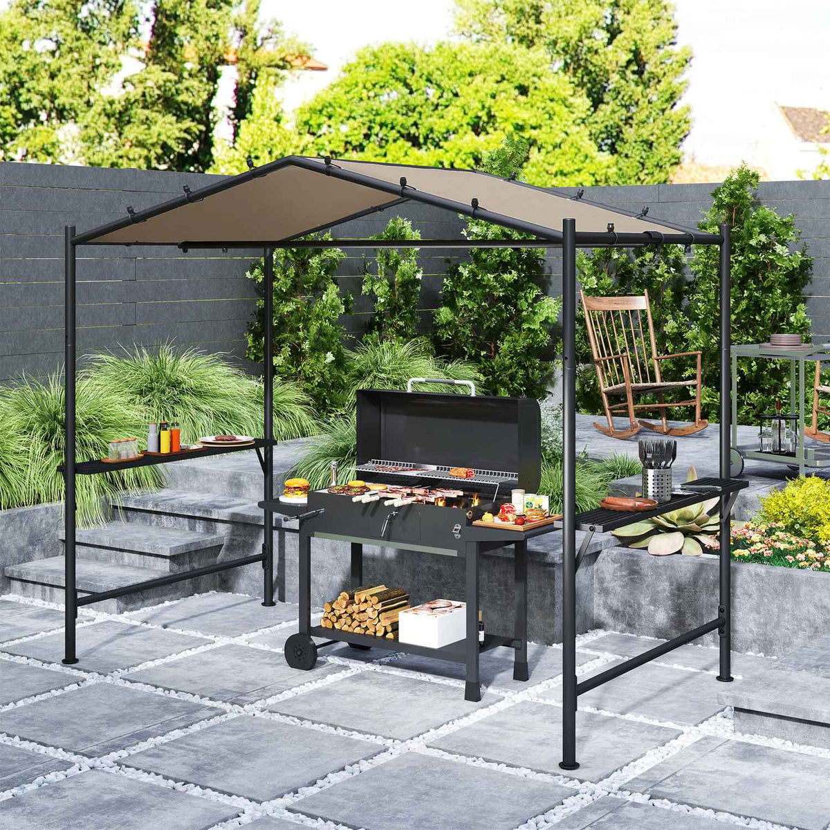 Barbecue Gazebo 277 x 149 x 230 cm Waterproof Flame Retardant Garden Gazebo with Side Shelves, Garden Gazebo with UV Protection, BBQ Pavilion Made of Steel, Garden Tent Grill Tent for Party BBQ, Khaki