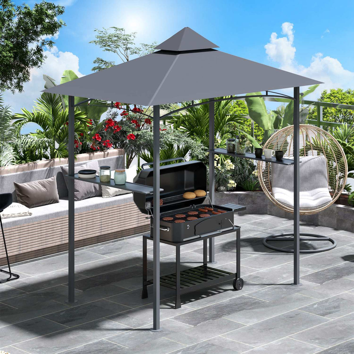 Barbecue Gazebo Robust Garden Tent With Flame-Retardant Double Roof, Ideal For Balcony, Grey, 245X148X252Cm