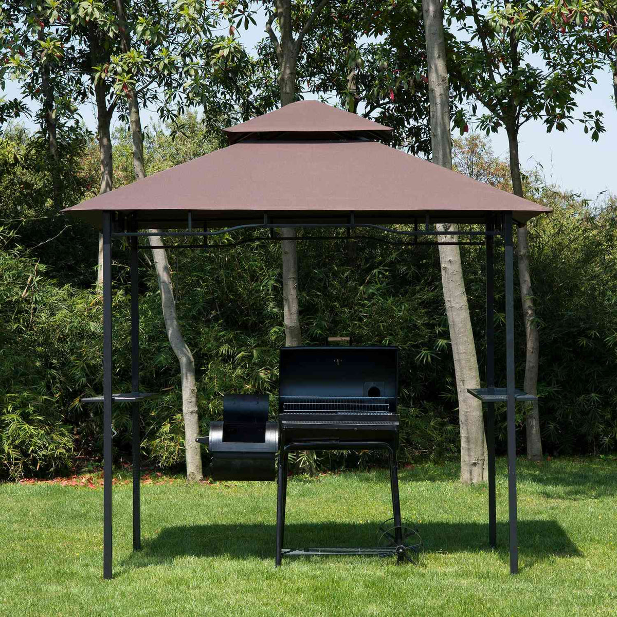 Barbecue Pavilion Garden Tent Flame-Retardant Double Roof Coffee Brown + Black 245X148X252Cm