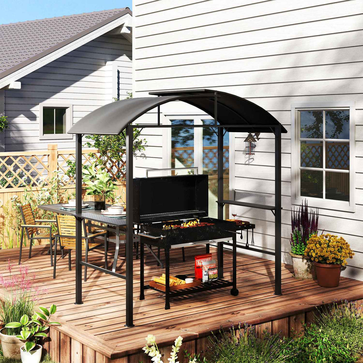 Barbecue pavilion 233 x 110 x 235 cm windproof garden pavilion with double roof, shelves, gazebo with UV protection, BBQ pavilion made of steel, garden tent grill tent for party BBQ, dark gray