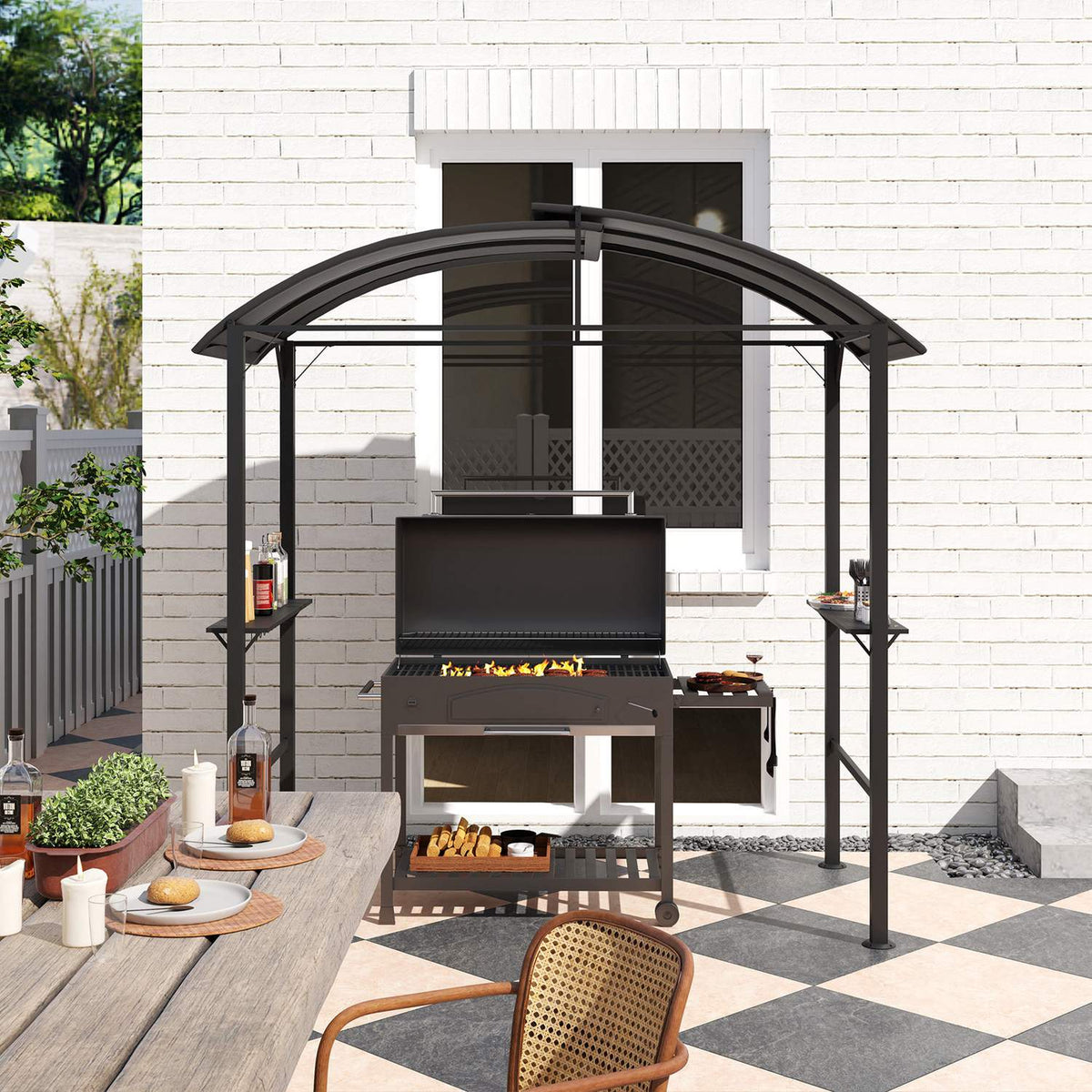 Barbecue pavilion 233 x 110 x 235 cm windproof garden pavilion with double roof, shelves, gazebo with UV protection, BBQ pavilion made of steel, garden tent grill tent for party BBQ, dark gray