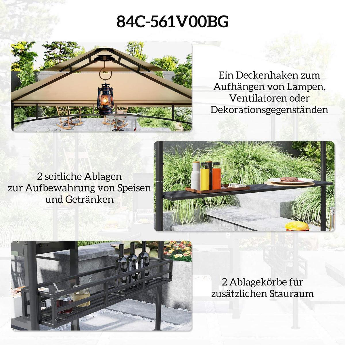 Barbecue pavilion 240 x 150 x 257 cm waterproof flame retardant garden pavilion with double roof, side shelves, gazebo with UV protection, BBQ pavilion made of steel, barbecue tent for party BBQ, beige