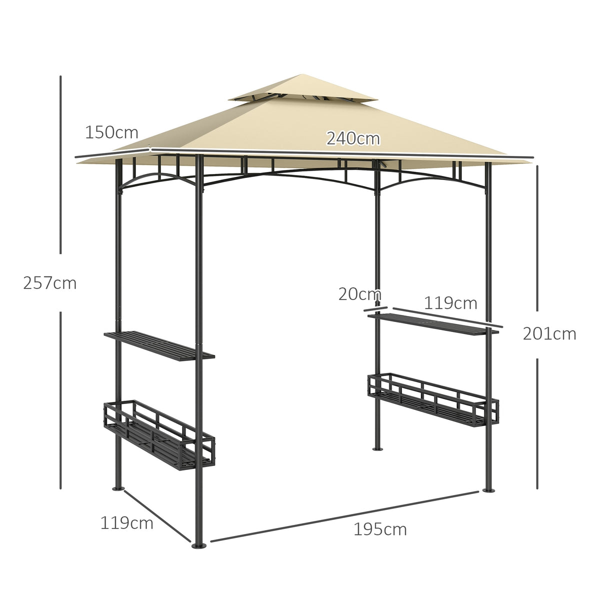 Barbecue pavilion 240 x 150 x 257 cm waterproof flame retardant garden pavilion with double roof, side shelves, gazebo with UV protection, BBQ pavilion made of steel, barbecue tent for party BBQ, beige