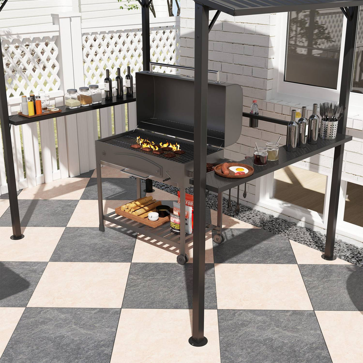 Barbecue pavilion 250 x 160 x 250 cm waterproof garden pavilion with double-layer roof, side shelves, gazebo with UV protection, BBQ pavilion, garden tent grill tent for garden party BBQ, black