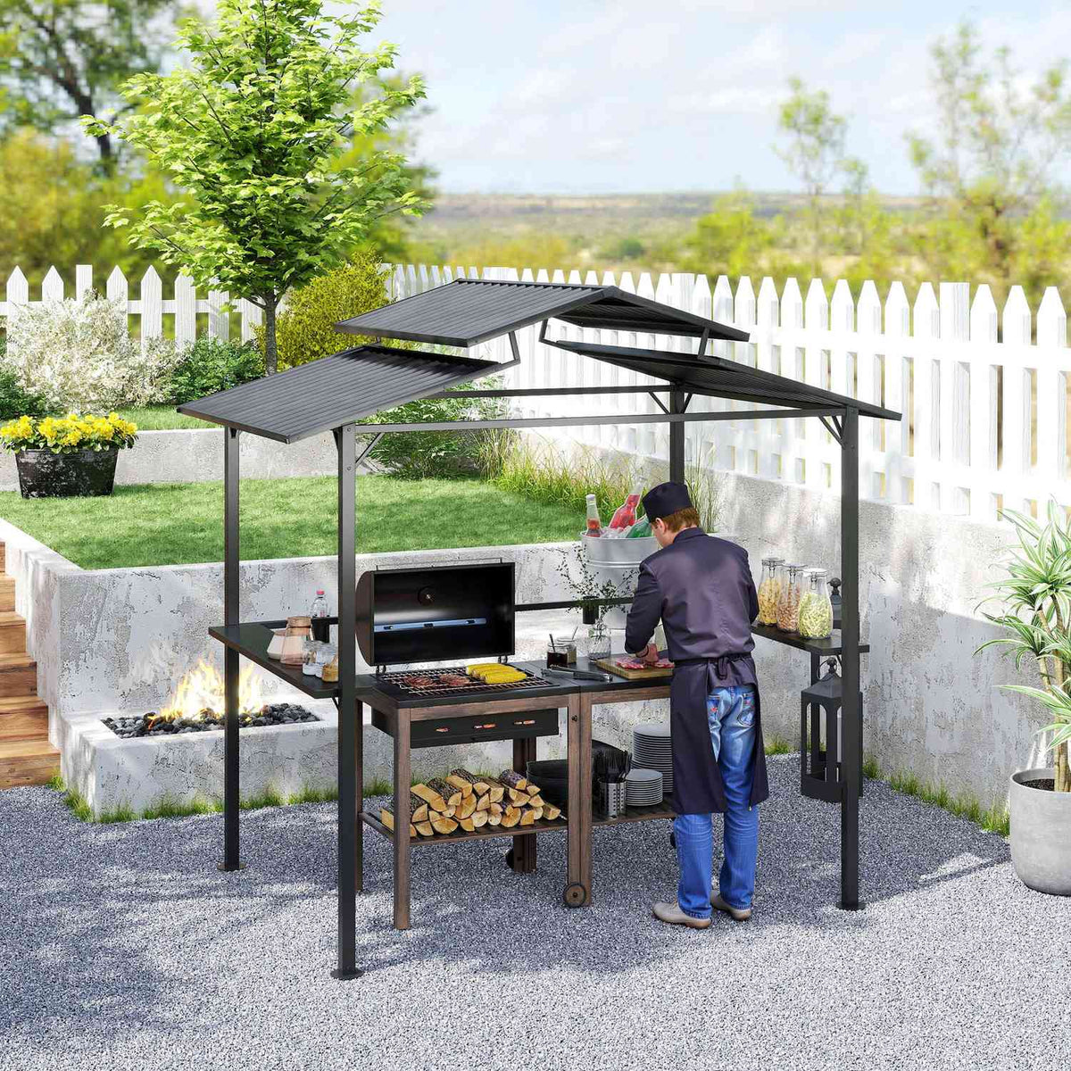 Barbecue pavilion 250 x 160 x 250 cm waterproof garden pavilion with double-layer roof, side shelves, gazebo with UV protection, BBQ pavilion, garden tent grill tent for garden party BBQ, black