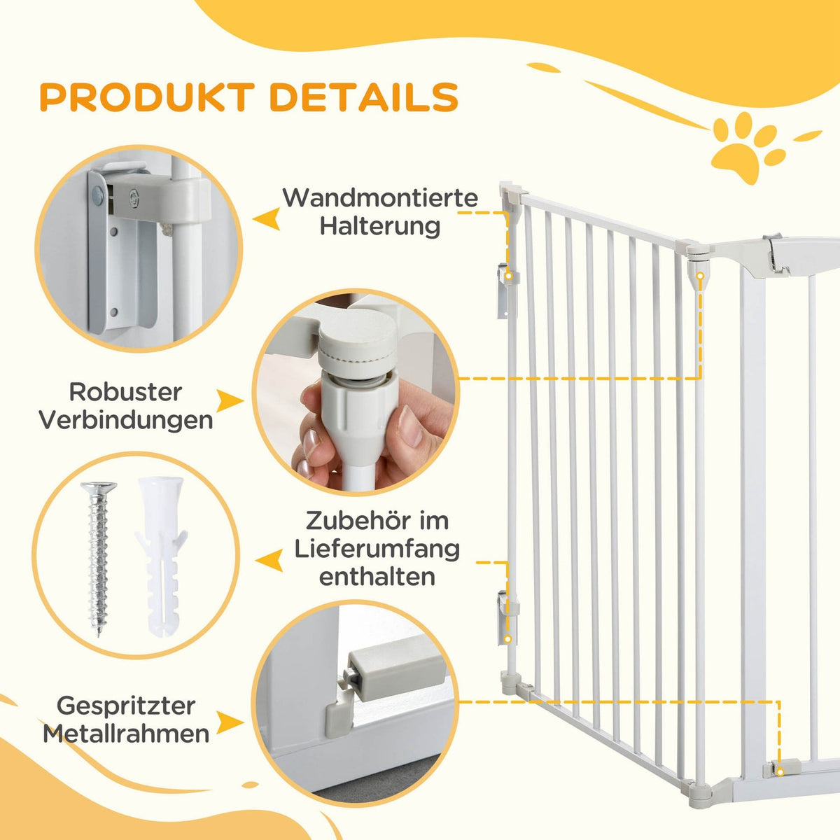Barrier Gate For Dogs, Protective Gate, Dog Gate, Door Guard, 3 Elements Including Safety Door, Metal, Plastic, White, 180 X 3 X 74.5 Cm