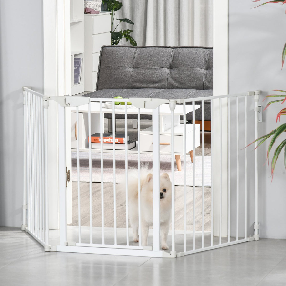 Barrier Gate For Dogs, Protective Gate, Dog Gate, Door Guard, 3 Elements Including Safety Door, Metal, Plastic, White, 180 X 3 X 74.5 Cm